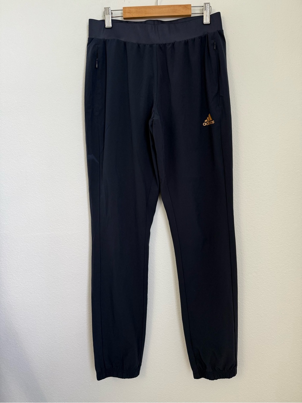 Adidas climate RFID Pants Navy Blue Gold Logo Nylon Athletic Size S
